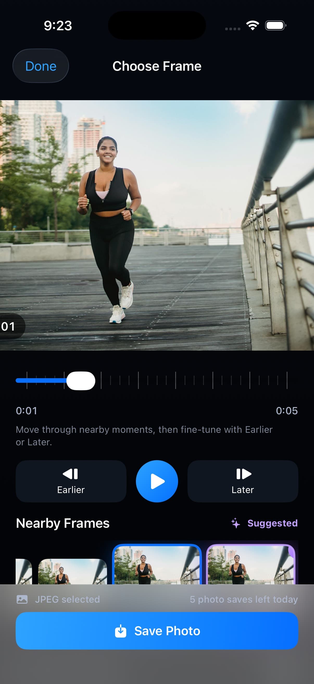 Perfect Frame running on iPhone with a real video preview and nearby frames
